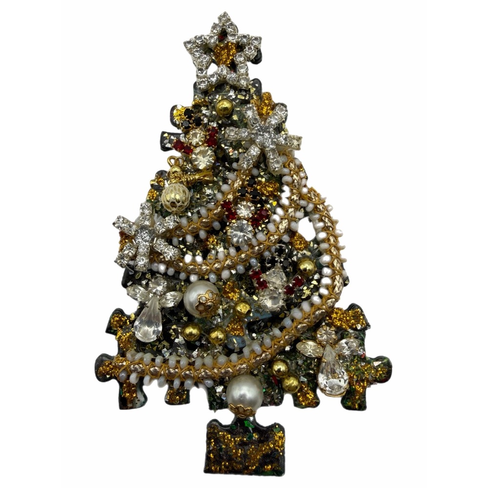 Handmade Christmas Tree Puzzle Piece Brooch Gold Glitter Pearl Rhinestone Pin